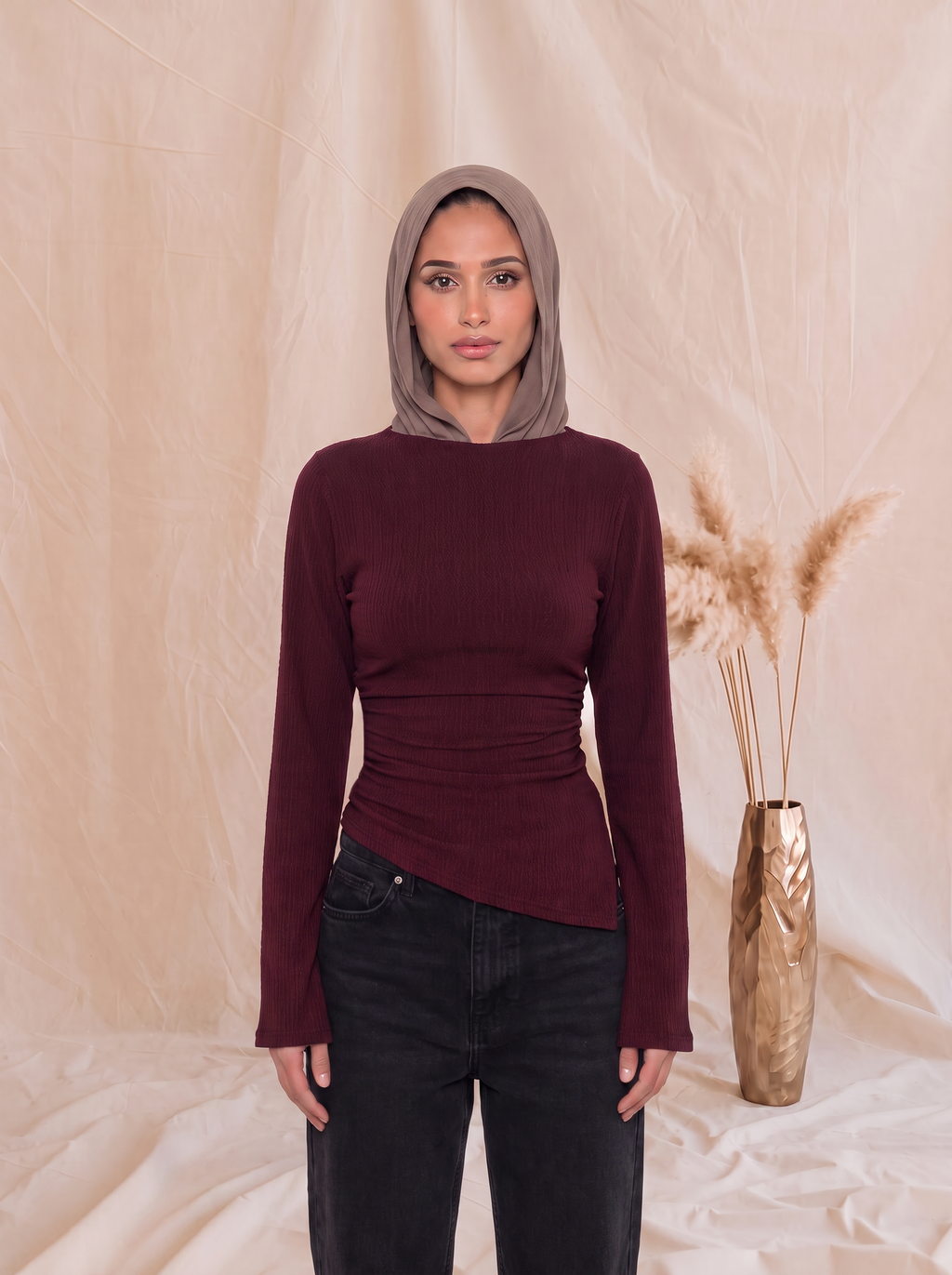 Side buttoned long sleeve top - Maroon