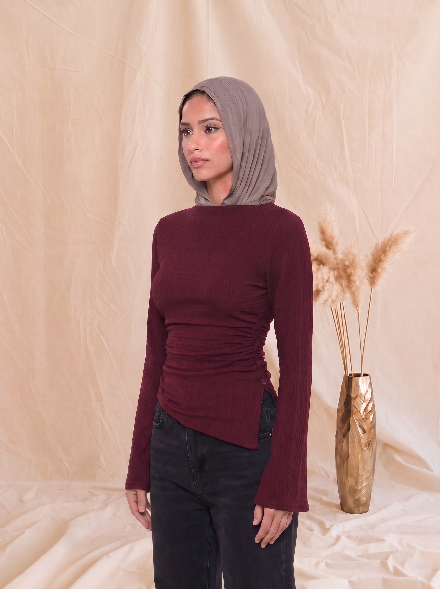 Side buttoned long sleeve top - Maroon