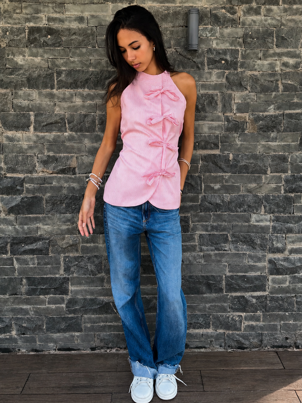 Halter Ribboned Shirt- baby pink